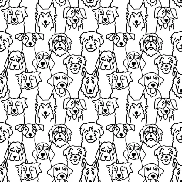 Seamless Pattern Black Outline Doodle Dogs Faces Dogs Breeds Vector — Stockvektor