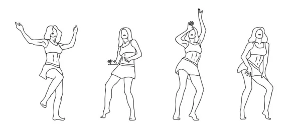 黑色轮廓舞女设置 穿短裙的女孩们以不同的姿势跳舞 女性墨水手绘风格矢量图解 — 图库矢量图片