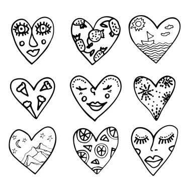 Set of doodle hearts with face fruits landskapes pattern inside ink hand drawn sketch vector illustration for cards holydays love valentine design.