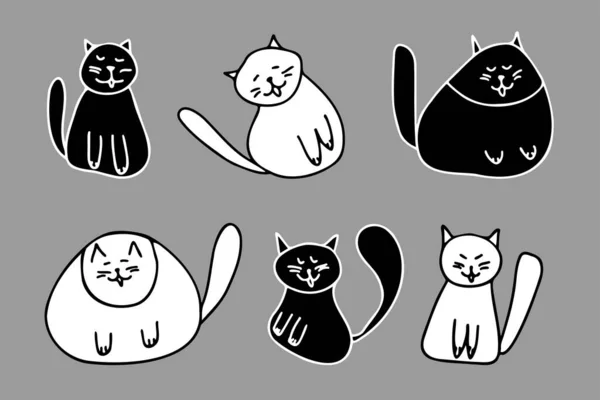 Funny Plumpy Black White Cats Set Vector Illustration Cute Hand — Stock Vector