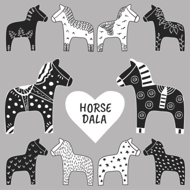 Dala horses gray tones set. Ink hand drawn sketch of traditional Swedish Dalarna horse minimalistic abstract scandinavian style for cards, prints, textile design vector illustration clipart