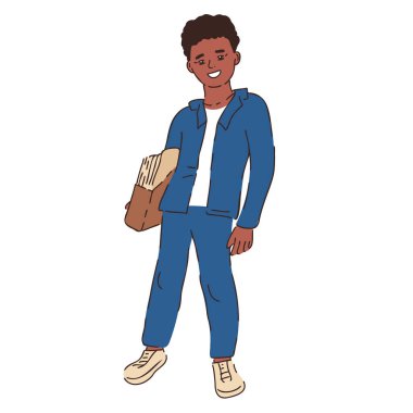 Öğrenci genç çocuk. Çalışma kitaplarıyla üniformalı bir öğrenci. Ortaokul öğrencisi. Ayakta duran okul çocuğu poz vektörü illüstrasyonu