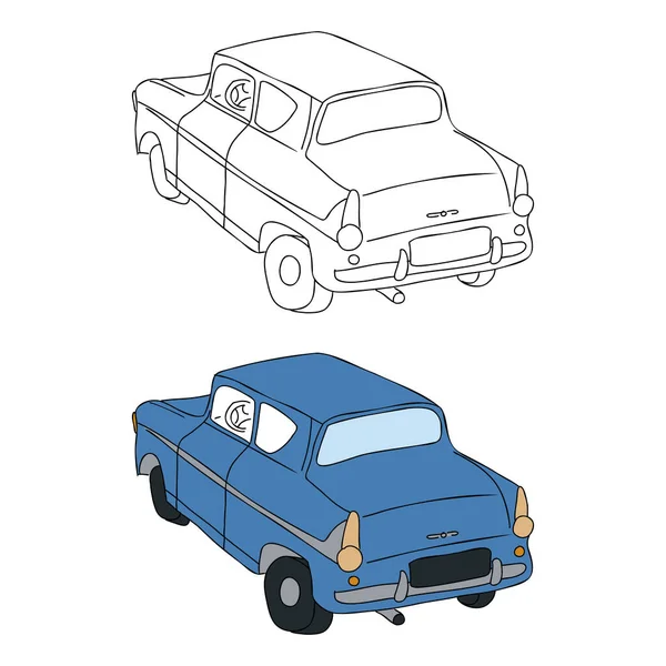 レトロな車のぬりえ手が描かれたヴィンテージアイソメトリックオートブルーベクトルイラスト — ストックベクタ