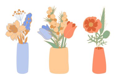 Minimalist seramik vazolarda çiçek buketleri Vektör soyut mimoza, crocus, Winterberry, lale, narcissus, Shirley in flowerpot bowl, 8 Mart ve anneler günü vektör çizimi
