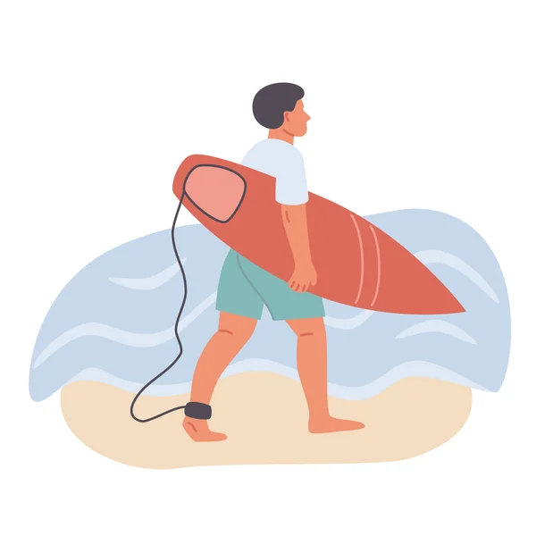 Muž Surfař Jde Surfem Blízkosti Moře Vody Vektor Ploché Ilustrace — Stockový vektor