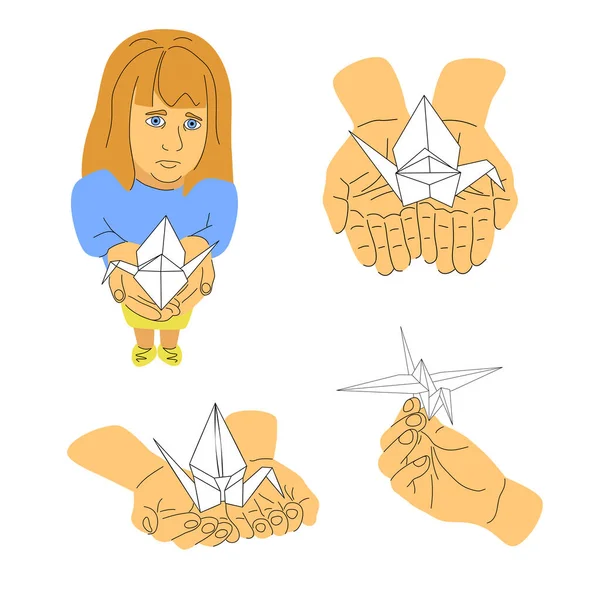 Trauriges Mädchen Mit Origami Kran Kinder Beten Für Einen Friedlichen — Stockvektor