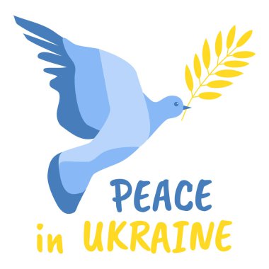 Ukrayna 'da barış güvercini zeytin dalı ile Ukrayna bayrağı mavi ve sarı nib renklerinde. Rus Ukrayna çakışma poster çizimi