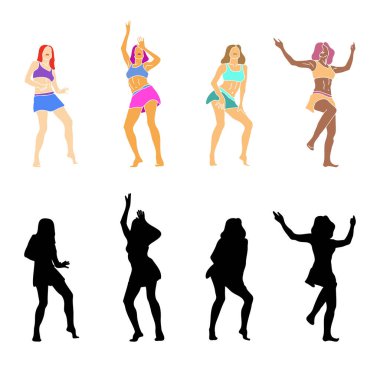 Soyut renkli disko kızları ve dans eden bayanlar el ilanları, kart, poster tasarımı vektör çizimi için siyah siluetler.