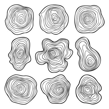 Ağaç gövdesi kesimi, soyut ağaç halkaları seti, dalgalı yaşam halkaları, eşmerkezli el çizimi halkalar, ahşap yaş, parmak izi vektör çizimi.