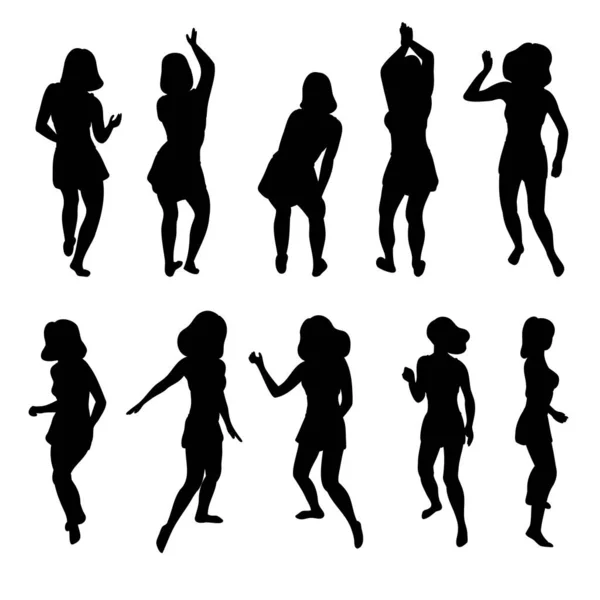 Short Skirt Women Dancing Black Silhouettes Set Moving Disco Girl — Stockvektor