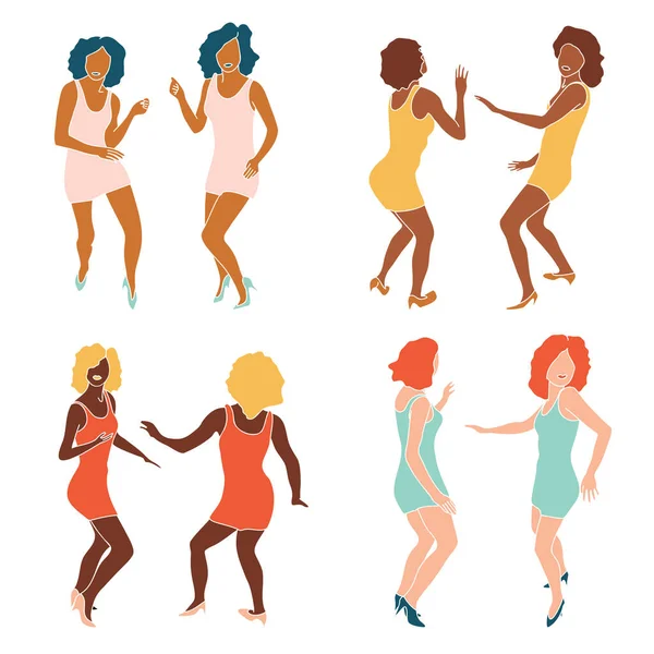 Αφηρημένο Χρώμα Ντίσκο Σγουρά Κορίτσια Σετ Χορό Απρόσωπο Λεπτό Ζευγάρι — Διανυσματικό Αρχείο