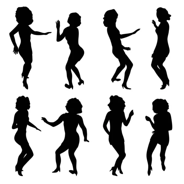 Women Skinny Dress Dancing Black Silhouettes Set Moving Disco Curly — Stock Vector