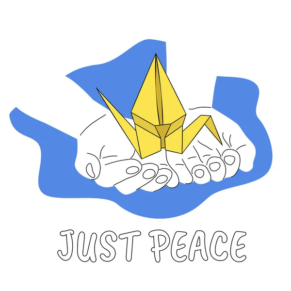 Open Children Hands Origami Crane Blue Yellow Colors Peace War — стоковый вектор