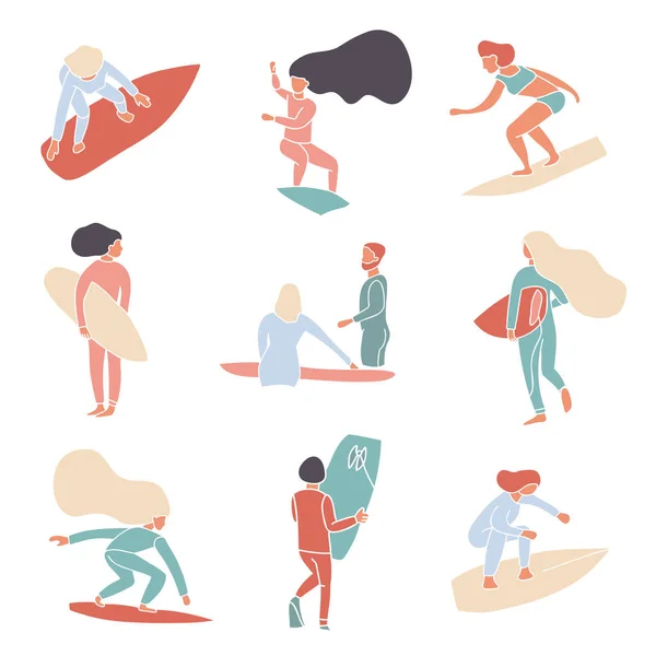 Vector Set Simple Abstract Surfers Faceless Silhouettes Surfing School Logo — Stockový vektor