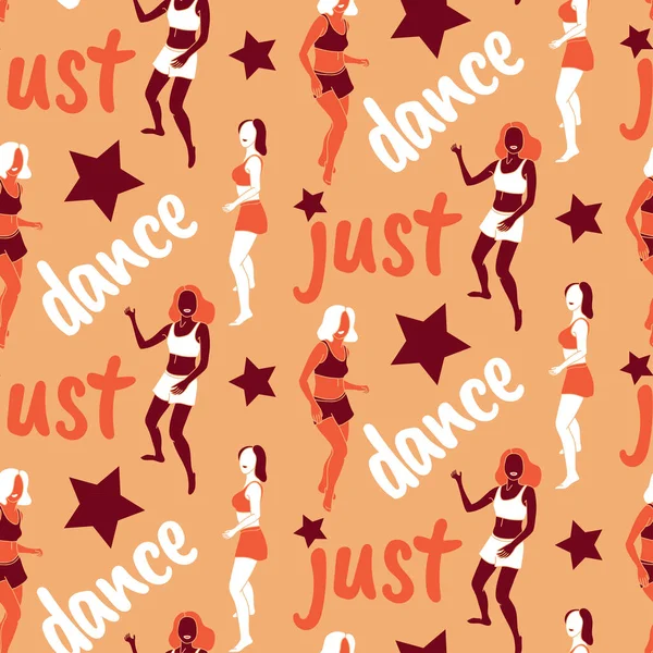 Just Dance Script Dancing Girls Star Disco Seamless Pattern Moving — Vector de stoc
