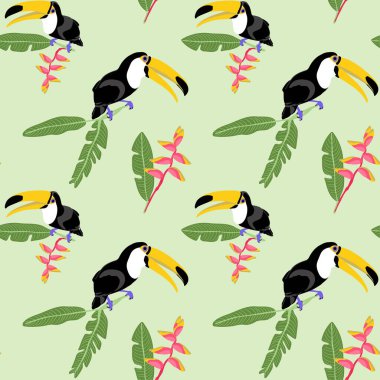 Egzotik bir kuş, büyük uçlu bir tukan, tropikal yapraklar ve çiçek helkoni desenli. Tekstil duvar kağıdı kapağı vektör illüstrasyonu için yaz renkli arkaplan