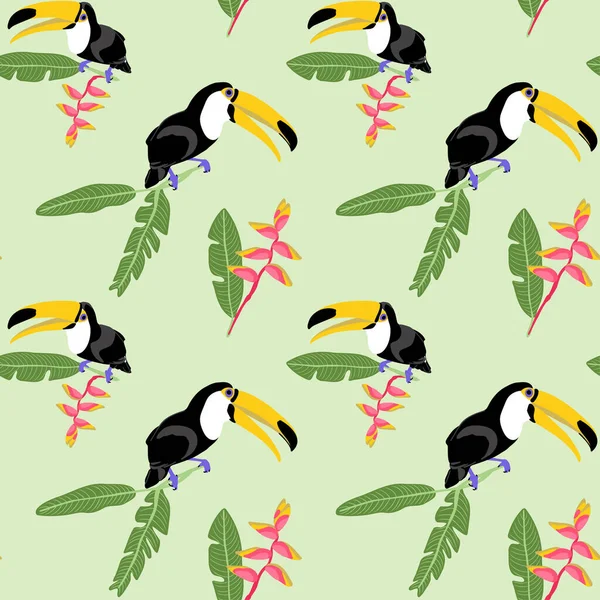 Egzotik bir kuş, büyük uçlu bir tukan, tropikal yapraklar ve çiçek helkoni desenli. Tekstil duvar kağıdı kapağı vektör illüstrasyonu için yaz renkli arkaplan