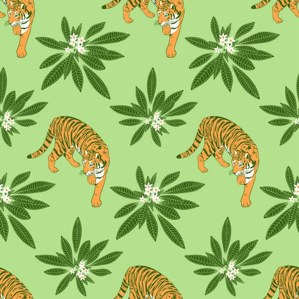 Seamless Pattern Walking Tiger Tropical Plumeria Leaves Flowers Hand Drawn — Stockvektor