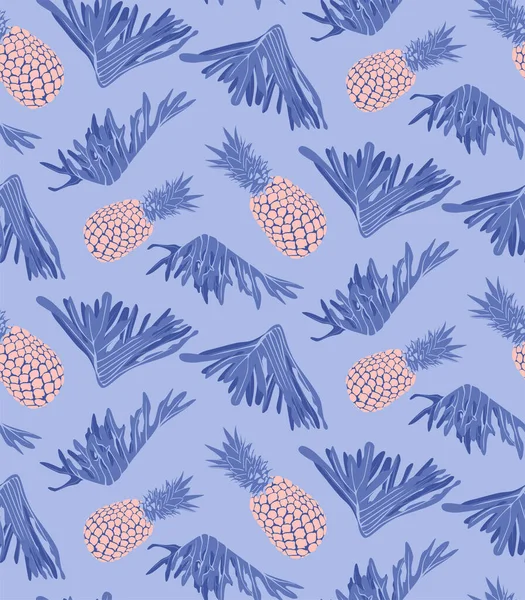 Summer seamless pattern with abstract pineapple and monstera leaves for cover, textile, wrapping paper. Tropical plants exotic fruits vector illustration