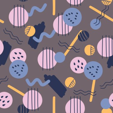 Soyut, pürüzsüz desen. Çeşitli geometrik şekiller çizilmiş. Renkli karalama çemberleri, damlalar, dalgalar, karalamalar. Soyut modern trend vektör illüstrasyonu.