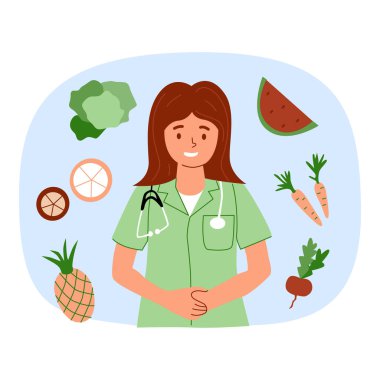 Steteskoplu meyve, sebze ve sebzeli beslenme uzmanı doktor. Beslenme konsepti, yemek planlama, beslenme konsültasyonu, sağlıklı yiyecekler. Web koçluğu için vektör illüstrasyonu, kitap makaleleri