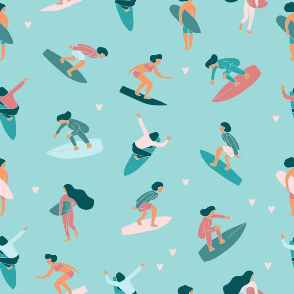 Серфингисты Девочки Мальчики Досками Серфинга Безseamless Узор Наездники Волнах Фон — стоковый вектор