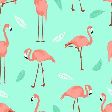 Kusursuz yaz şablonu flamingo turkuaz yeşillik arka planı. Egzotik dalış yapan kuşlar farklı pozlar verir. Kapak çocukları için yan görünüm flamingoları bebek odası duvar tasarımı tekstil kumaş vektör çizimi