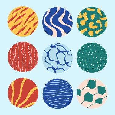 Soyut çember arkaplanı ya da desenler ayarlandı. Elle çizilmiş karalama şekilleri. Hayvan derisi, çizgi, noktalar, dalgalı çizgiler. Posterler için çağdaş modern elementler, sosyal medya şablonları vektör çizimi