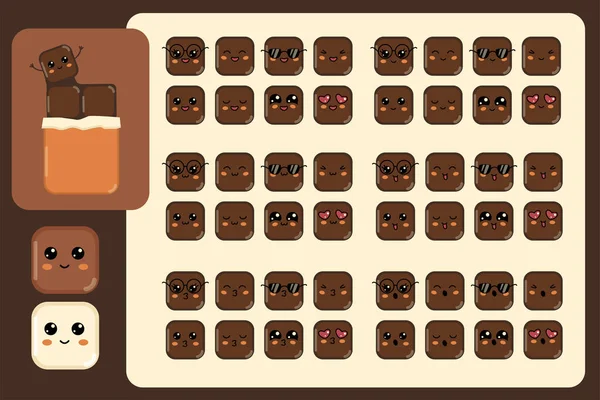 Pice Chocolate Bar Lindo Kawaii Carácter Diferentes Expresiones Dulce Cubo — Vector de stock