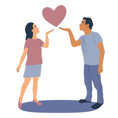 Heterosexual couple man and woman express feelings for each other through air blow kiss. Lovers with heart on hand. Love Valentines day concept card. Kiss from distance. Vector illustration.