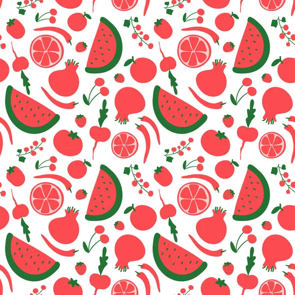 Seamless Pattern Hand Drawn Red Fruits Vegetables Berries Fresh Doodle - Stok Vektor