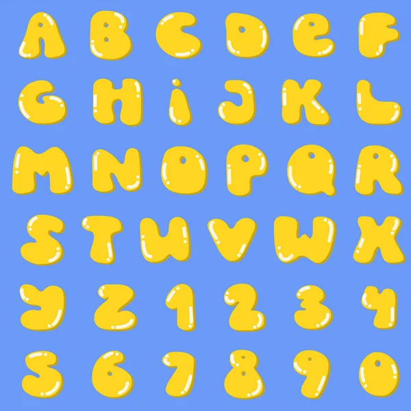 Groovy Hippie Plump Letters Numbers Yellow Yolk Shape Font Figures — Stock Vector