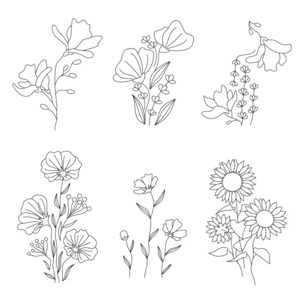 Linha Arte Flores Conjunto Design Motivos Florais Para Impressão Tatuagem — Vetor de Stock