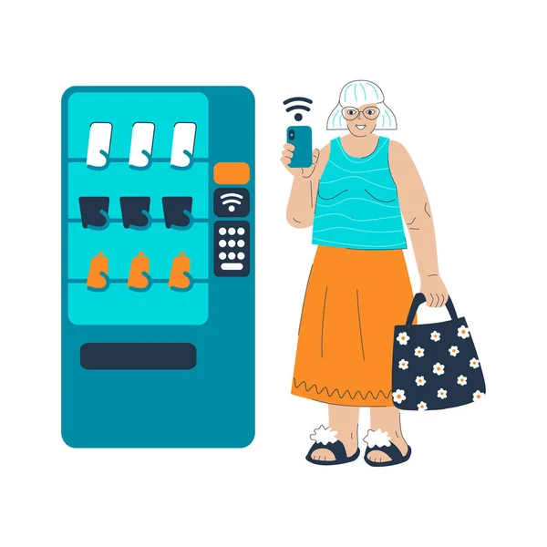 Granparents Contactless Payment Using Mobile Phone Senior Grandma Cardless Smartphone — Vetor de Stock