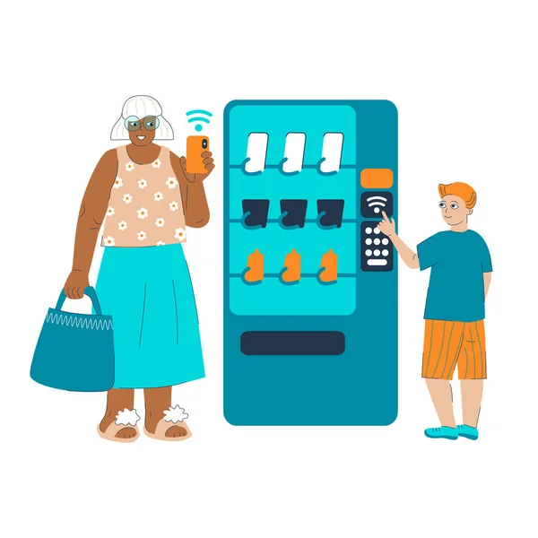 Granparents Contactless Payment Using Mobile Phone Senior Grandma Young Boy — 스톡 벡터