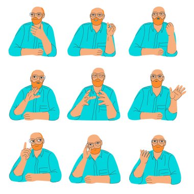 Erkek uzman ya da blog yazarı seti. Farklı yüz ifadeleri ve jestleri olan gözlüklü yakışıklı sakallı adam. Sunum için düz karakter, ürün kartı, reklam, çizim vektörü illüstrasyonu