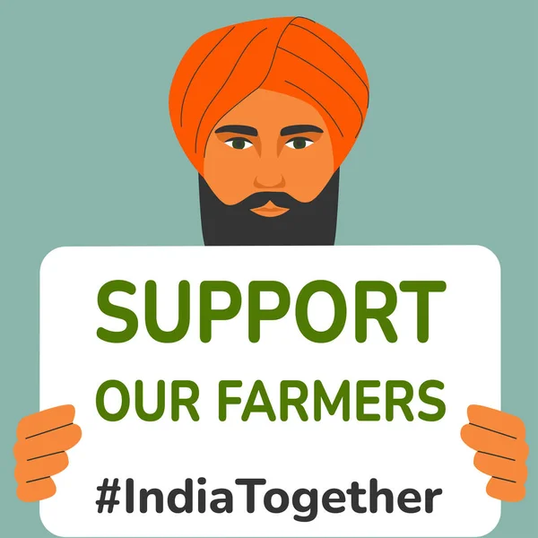 Handsome Turban Bearded Man Holding Banner Support Our Farmers India — Stock Vector