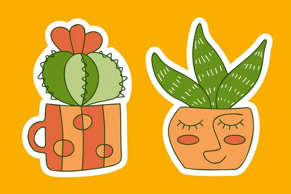 Cute Blossom Cactus Succulent Pots Stickers Color Doodle Hand Drawn — стоковый вектор