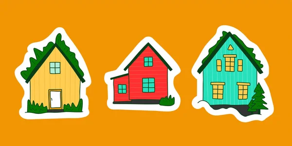 Islandia Cute Rustic Houses Stickers Set Bright Red Blue Yellow — 图库矢量图片