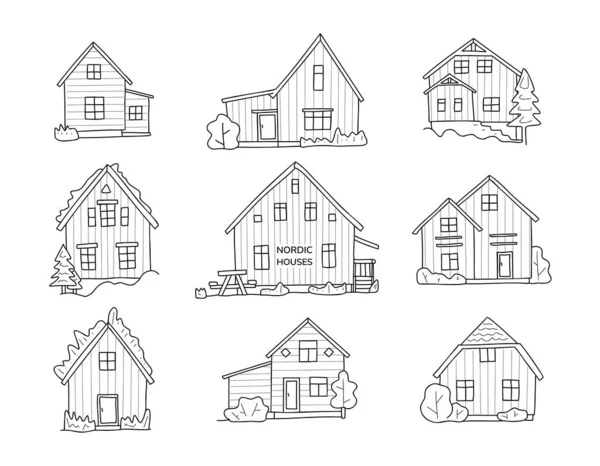 Scandinavian Cute Houses Doodle Set Nordic House Facades Hand Drawn — 图库矢量图片