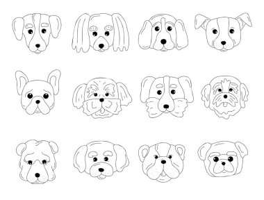 Line art popular dog breeds faces. Canine breeds cute muzzle in doodle style set. Ink hand drawn heads funny puppies. Pets portrait contour simple kids style vector illustration for card print tattoo