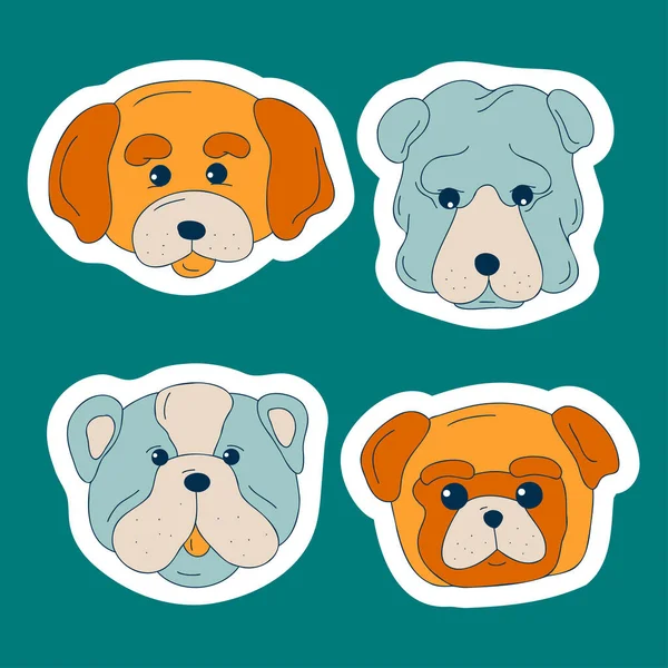 Cute Dogs Muzzle Sticker Set Doodle Color Funny Puppy Faces — Stockvector