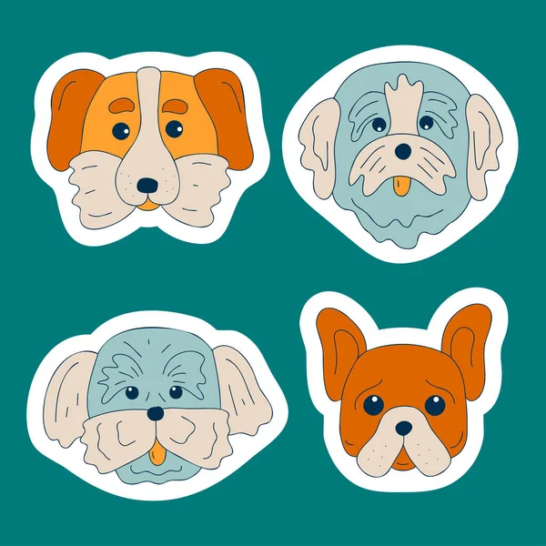 Cute Dogs Muzzle Sticker Set Doodle Color Funny Puppy Faces — ストックベクタ