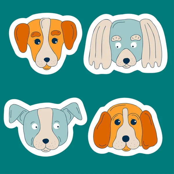Cute Dogs Muzzle Sticker Set Doodle Color Funny Puppy Faces — ストックベクタ
