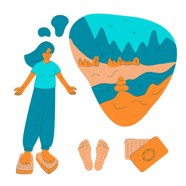 Sadhu Boards Hobby Girl Stand Nails Bed Visualizes Mountain Landscape — Stok Vektör