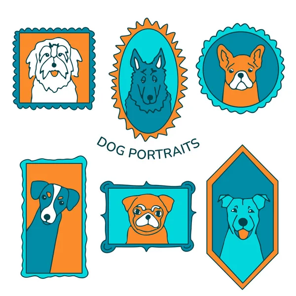 Doodle Dog Portraits Set Cute Outline Muzzles Vintage Frames Collection — Stock Vector