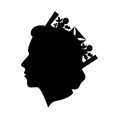 Queen Elizabeth II profile. Her Majesty the Queen side view head. Lady in crown black silhouette. Great Britain monarch simple minimalistic portrait. Vector illustration.