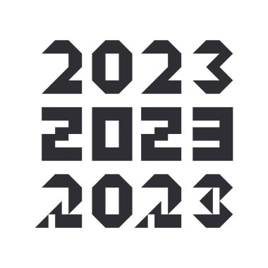 2023 stilize metin seti. Yeni yıl sayısı minimalist piksel barbarlığı tasarım şablonu. Pankart, broşür, kapak ve takvim için basit bir noel logosu. Vektör illüstrasyonu.