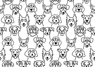 Kusursuz desenli, siyah çizgili karalama köpekleri yüzlü. Şirin köpek kafası arka plan çizimleri. Farklı köpek yavrusu vektör illüstrasyonunu üretir.