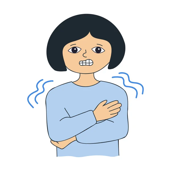 寒気の症状や寒さをコンセプトに揺れ 病気の女の子 ウイルス性疾患による寒気 不幸な女性の人形ベクトルイラスト — ストックベクタ